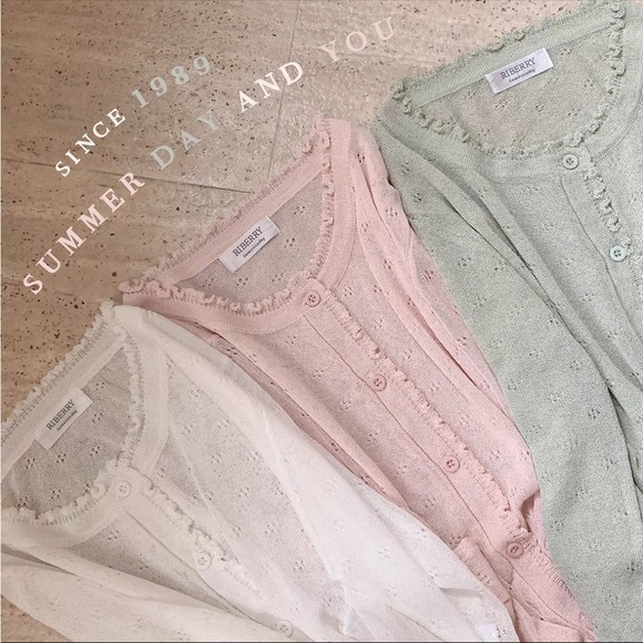 Japanese Kawaii Cottage Pastel Pink Thin Floral Ruffle Knitted Cardigan - Picture 3 of 6